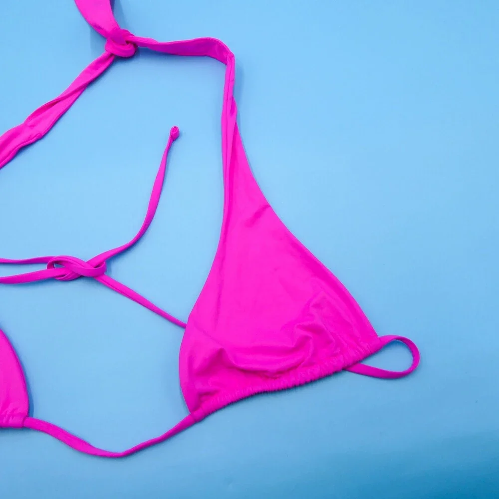 Frankies Bikinis Medium Pink Triangle Halter Rose Plunge Bikini Top Swimwear New
